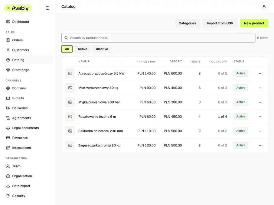 The catalogue in the Avably back office: the equipment list with the daily price, the deposit and the number of units (demonstration data).
